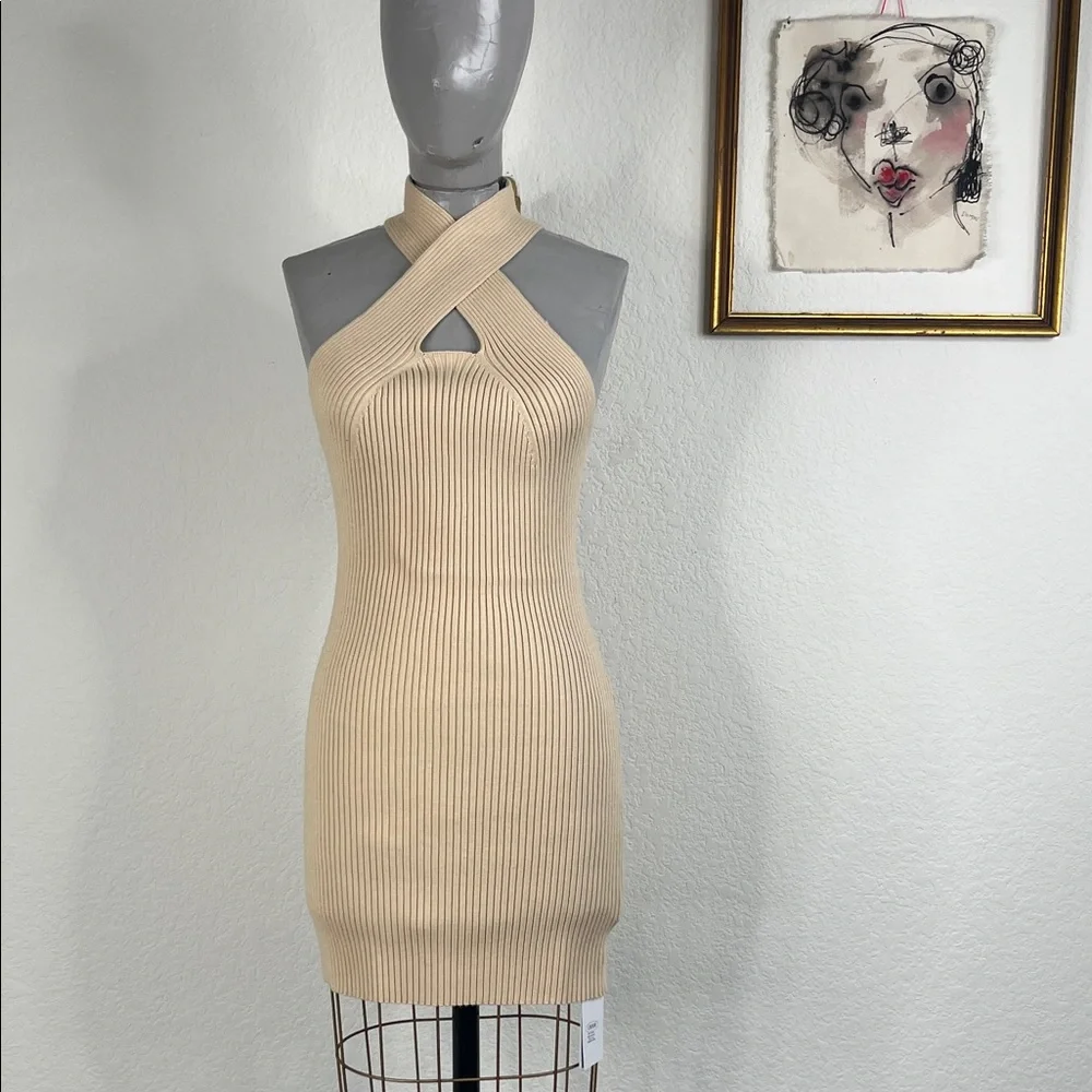 CIDER Knit Beige Rib Cross Halter Bodycon Mini Sleeveless Dress - Picture 2 of 6